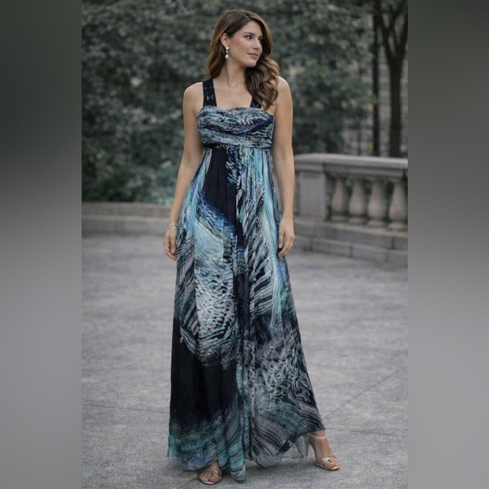 MATTHEW WILLIAMSON SILK EMPIRE PLEATED DRESS ABSTRACT AQUATIC PRINT